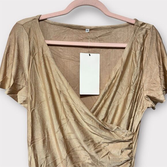 Women Mini Bodycon Gold short sleeve Y2K dress Size XL Event Party Formal - Picture 3 of 7